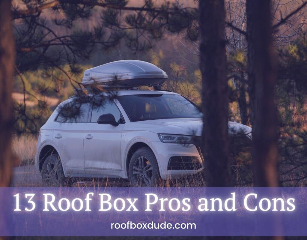 White SUV with roof box in the forest